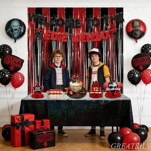 Black Red Party Streamers Backdrop - GREATRIL Foil Fringe Tinsel for Stranger/Friday Party/Halloween Party Decorations - 3.2ft X 8.2ft - 2 Packs - Image 2