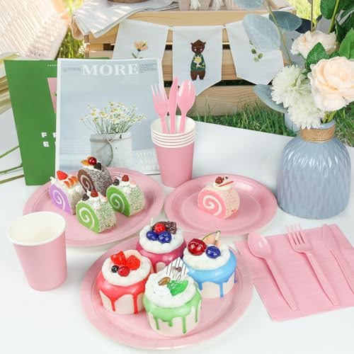WNINK 168PCS Light Pink Paper Plates and Napkins, Pink Disposable Plates Set for Baby Shower Gender Reveal Girl Birthday Party Supplies Serve 24 Guests - Image 7