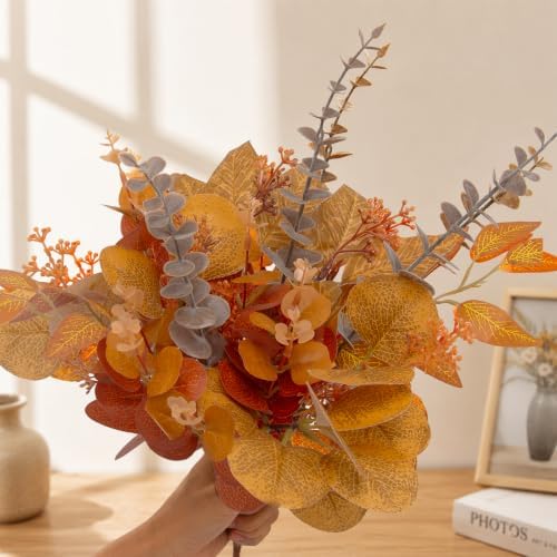 lovemoon 260 Pcs Fall Mixed Greenery Artificial Eucalyptus Stems, Orange - Image 2