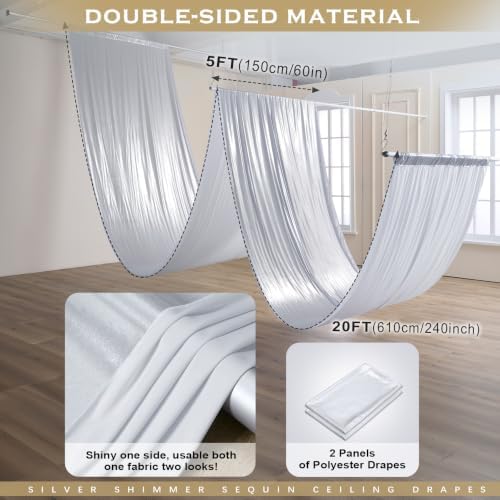 2 Panels 5ft(W) x 20ft(L) Silver Backdrop Curtain for Wedding Parties - Image 2