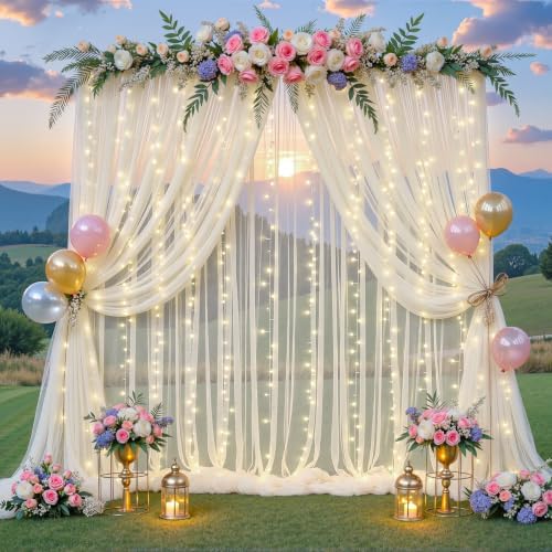20ft x 10ft Ivory Tulle Photo Backdrop Curtain with Lights String for Parties Wedding Sheer Ivory Curtain Backdrop for Birthday Party Bridal Shower Photo Booth Photography Background Decorations by Suppromo
