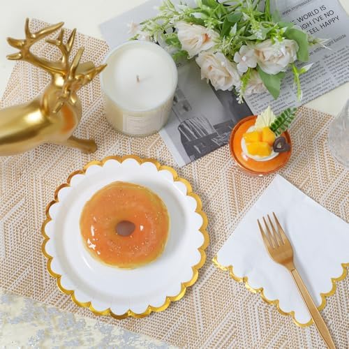 White scalloped party plates with napkins and fork gold foil border, 24 Guest disposable Tableware Set Party Decoration for Birthday Coquette Bridal Baby Shower Valentines - Image 5
