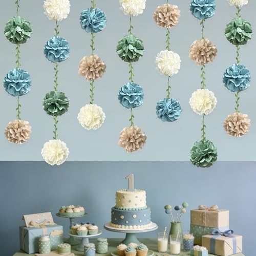 Sage Green Dusty Blue Khaki Beige Tissue Paper Flowers Pom Pom with Leaf Ribbon Hanging Garland Streamer for Birthday Wedding Shower Engagement Silly Goose Themed Party Decorations Supplies - Image 7