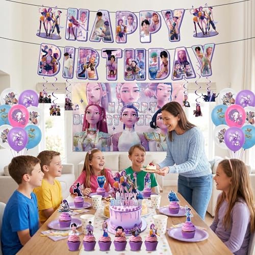 Demon Movie Hunters Birthday Decorations, Cute Party Supplies Set Include Banner, Balloons, Backdrop, Hanging Swirls, Cake Topper, Cake Cupcake Toppers for Boys Girls Cartoon Theme Party - Image 2