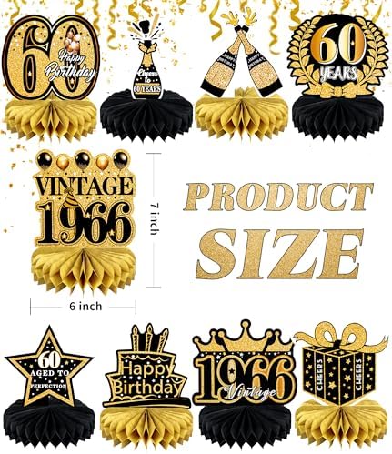 9 Pcs 60th Birthday Decoration for Men Women Table Honeycomb Sixty Decor - Image 2