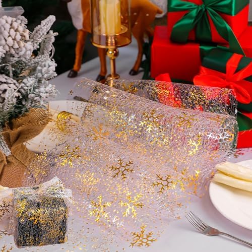 Snowkingdom 2 Pcs Christmas Snowflake Gold Table Runner Sparkly Golden Metallic Foil Runners Decorations Glitter for Winter Festival Holiday Home Party Seasonal - Image 6