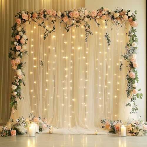Tulle Backdrop Curtain with Lights 10x8FT Champagne Sheer Curtains by Xiomot