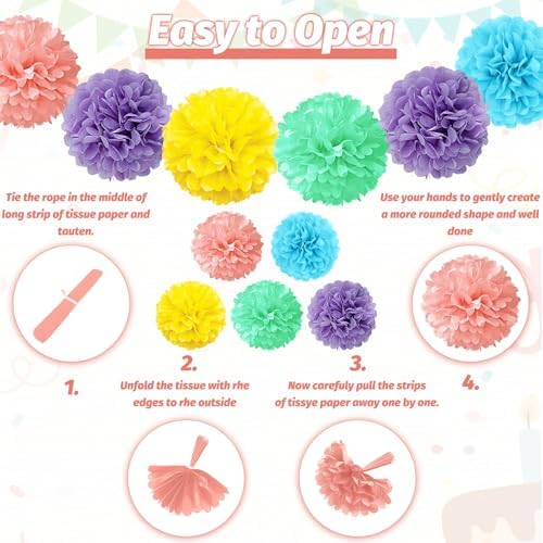 Pastel Birthday Decorations, Multicolored Happy Birthday Banner with Paper Pompoms Party Balloons for Boys Girls Women Party Decorations Supplies - Image 4