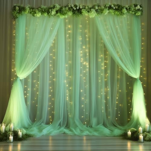 30x8ft Olive Green Tulle Backdrop Curtain with Lights String for Parites, Sheer Backdrop Curtains for Wedding Baby Shower Birthday Party Photo Shoot Decorations by Partisky