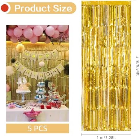 5 Pack Gold Foil Curtain Backdrop 3.2ft x 9.8ft Metallic Tinsel Foil Fringe Curtains Streamer Photo Booth Backdrop for Birthday Party Engagement Bachelorette Party Decorations (Gold) - Image 3