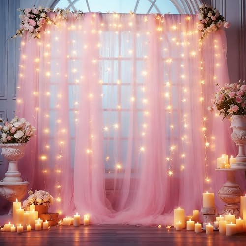 10x8ft Baby Pink Tulle Backdrop Curtain with Lights String for Parites, Sheer Photo Backdrop Drapes for Wedding Backdrop Ceremony Reception Bridal Shower Baby Shower Birthday Party - Image 4
