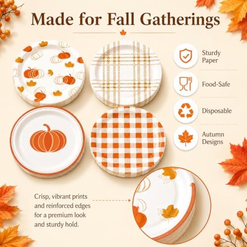 48 PCS Fall Paper Plates 7 inch, Pumpkin Orange Gingham Party Plates Disposable Cake Dessert Plate for Autumn Theme Harvest Thanksgiving Party Decorations (Fall) - Image 4