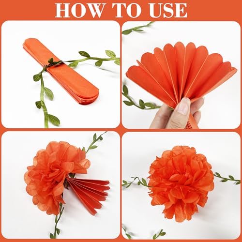 Fall Party Decorations Orange Yellow Brown Beige Tissue Paper Flowers Pom Pom Leaf Ribbon Hanging Garland Streamer for Thanksgiving Harvest Birthday Bachelorette Wedding Shower Party Supplies - Image 3