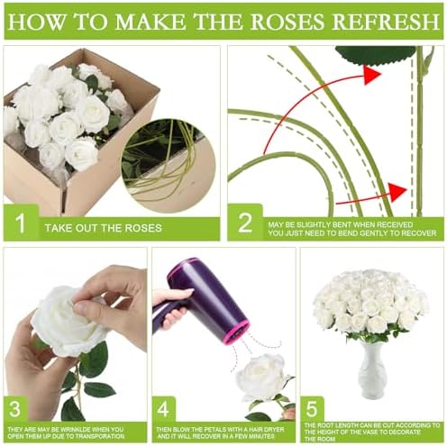 Hananona 100 Pcs Artificial Roses, Realistic Silk Flowers Bulk, White - Image 3