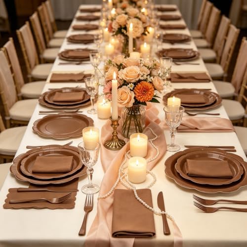 100Pcs Brown Plates and Napkins Party Supplies,25 Guests Disposable Brown Scalloped 9inch Plates,7inch Dessert Plates and Napkins and Forks Tableware for Birthday,Fall,Wedding,Rustic Parties - Image 6