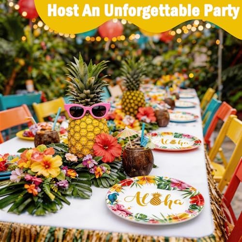 175Pcs Hawaiian Luau Party Decorations Aloha Tropical Tropical Hibiscus Floral Tableware Supplies Hawaii Palm Leaves Plates for Summer Hawaiian Birthday BBQ Pool Beach Party Supplies Serves 25 Guests - Image 5