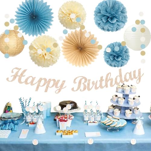 Light-Dusty Blue 18th Happy-Birthday Party-Decorations - 31pcs Women Girls Paper Lanterns Streamers Banner,Tissue Pom Poms Fans Tassels Graland Decor,Beige Champagne Wall Backdrop Supplies Hugmoon - Image 5