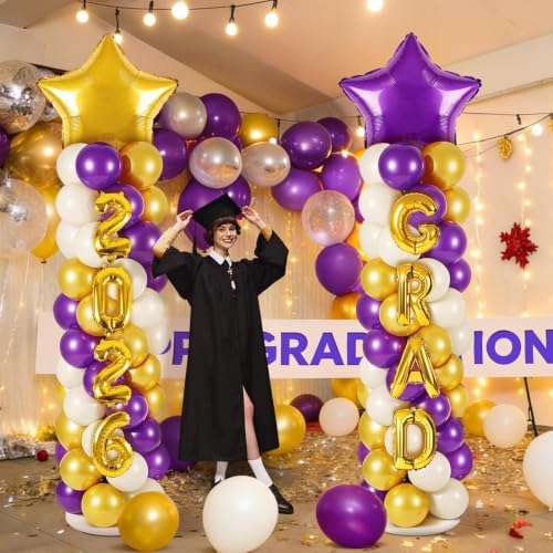 2 Sets Graduation Balloon Column Stand Kits with 132 PCS Purple Golden White Latex Balloons 2026 Letters 6.5 Ft Adjustable Metal Tube Telescopic Tower Pillar with Base for Graduation Party Decoration - Image 7
