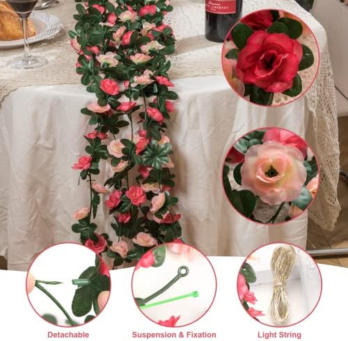 5 Pcs 41Ft Flower Garland with Lights, Pink Floral Garland Rose Vines - Image 3