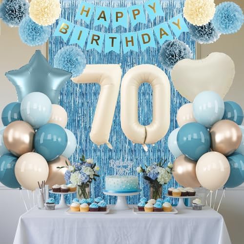 Dusty Blue 70th Birthday Party Decorations Men Beige Number 70 Balloon - Image 2