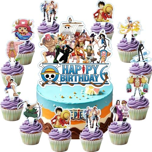 46PCS One Piece Birthday Party Supplies:Luffy Banner, Cake Topper, Tablecloth, Backdrop, Cupcake Toppers, Balloons, Aluminum Balloons - Image 5