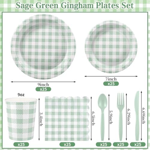 NatNarr Sage Green Gingham Party Supplies Set, 175 Pcs, Serves 25 - Image 2