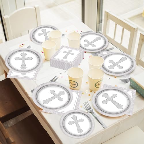 96Pcs Baptism Cross Plates and Napkins First Holy Communion Birthday Party Decorations Gray Religious Christening Ceremony Dessert Plates Tableware Set for 24 Guests Cross Baptism Party Supplies - Image 5