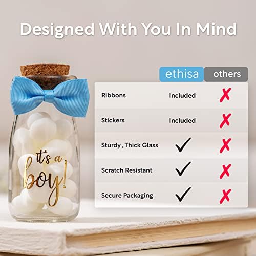 Ethisa Vintage 24 Pack It's a Boy Milk Glass Bottles with Ribbons and Stickers - Classy Baby Shower Favors for Guests and Table Centerpieces - Gender Reveal Boy Decorations - Baby Shower Candy Jar - Image 6