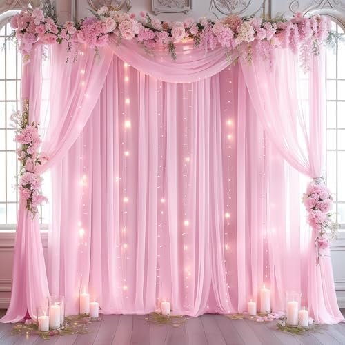 10ft x 10ft Pink Backdrop Curtain with Lights String for Parties, Sheer Tulle Wedding Photo Backdrops Drapes for Baby Shower Birthday Party Decorations Background for Photography - Image 2