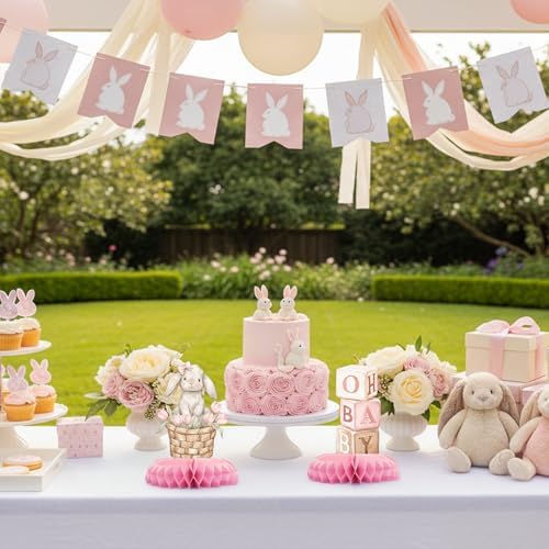 12 Pcs Pink Bunny Baby Shower Decorations for Girl - Some Bunny Is On The Way Baby Shower Centerpieces for Tables - Bunny Baby Shower Honeycomb Table Decor for Girl - Image 7