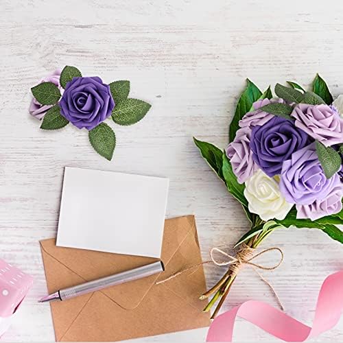 AmyHomie Purple Rose 25pcs Real Looking Artificial Flowers w/Stem - Image 6