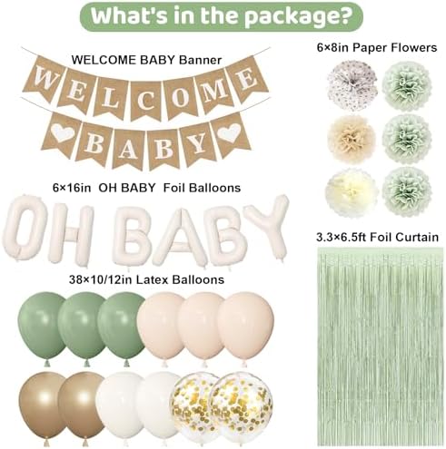 Ouddy Party Sage Green Neutral Baby Shower Decorations with Fringe Curtain - Image 3