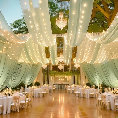 6 Panels Green Ceiling Curtains with Lights for Weddings - 5ftx10ft Wrinkle-Free Tulle Fabric Wedding Arch Draping Ceiling Drapes Decorations for Wedding Party Ceremony Stage Tent Event - Image 4