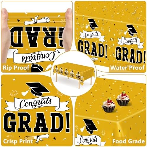 2Pcs 2026 Graduation Table Decorations, 108" X 54" Yellow Plastic Graduation Tablecover, Disposable Tablecover for Class 2026 Congrats Grad, Rectangle Tablecloth for Grad Decor Party Supplies for kids - Image 3