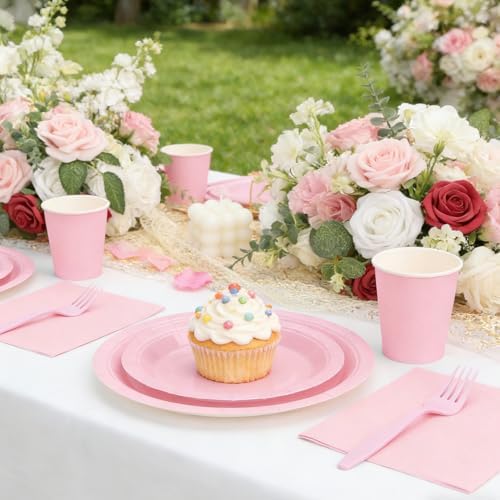 Light Pink Plates and Napkins Party Supplies, Include 9’’ Pink Disposable Paper Plate, 7’’ Dessert Plates Cups Napkins Forks Set for Birthday, Baby Shower Wedding, Party Decorations for Serves 25 - Image 4