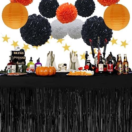 6 PCS Black Metallic Foil Fringe Tinsel Table Skirts 9 Feet x 29.5 Inch - Image 6