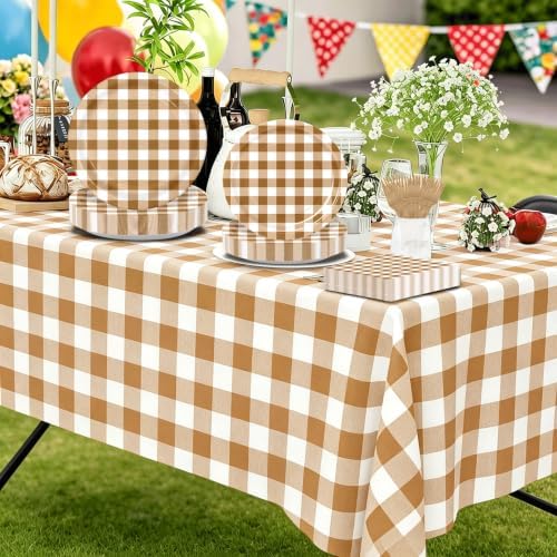 146PCS Brown Gingham Party Supplies Paper Plates and Napkins Serve 36 - Image 5