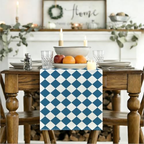 Blue White Diamond Table Runner, Tea Themed Party Decoration - Image 3