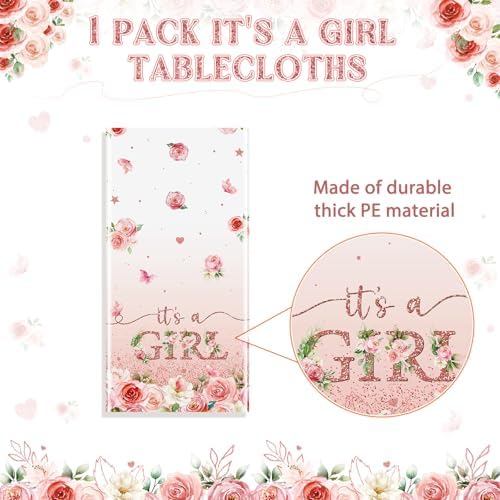1 Pack Floral Baby Shower Tablecloth Decorations, It's a Girl Baby Shower Decorations, Pink Flower Gender Reveal Decorations for Girl, Plastic Disposable Baby Girls Table Cloth Party Decorations - Image 4