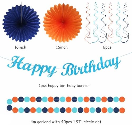 Orange Blue Men Birthday Decorations - 21pcs Happy Banner Garland,Bluey Paper Streamers Lanterns,Flower Tissue Pom Poms Fan Supplies,Hanging Wall Backdrop Party Decor Huglony - Image 7