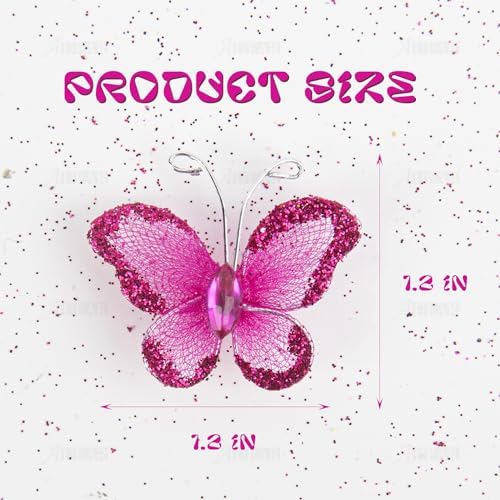 AUEAR, 100 Pack Sheer Mesh Wire Glitter Butterflies Butterfly Decoration with Gem for Home Wedding Party Wall Decorations (Rose Red) - Image 2
