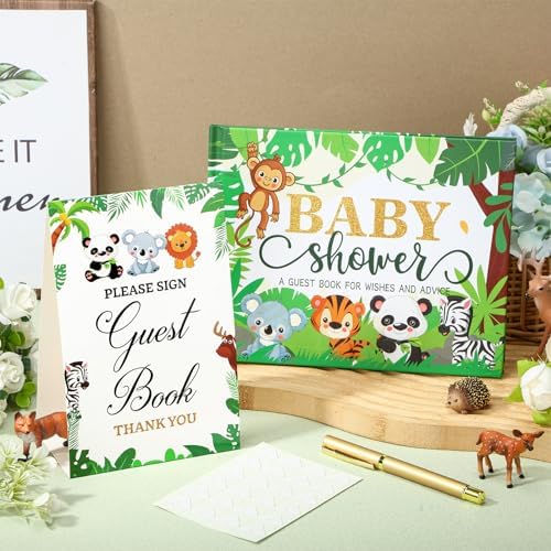 Fuyoooo 27 Pcs Baby Shower Guest Book Animal Safari with Gold Pen - Image 2