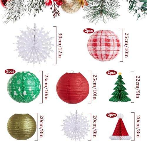 Christmas Hanging Decorations, 12 PCS Paper Lanterns, Honeycomb Christmas Trees, Hanging Paper Fans, Red Green Gold White Holiday Party Supplies for Home Xmas Holiday Party - Image 2