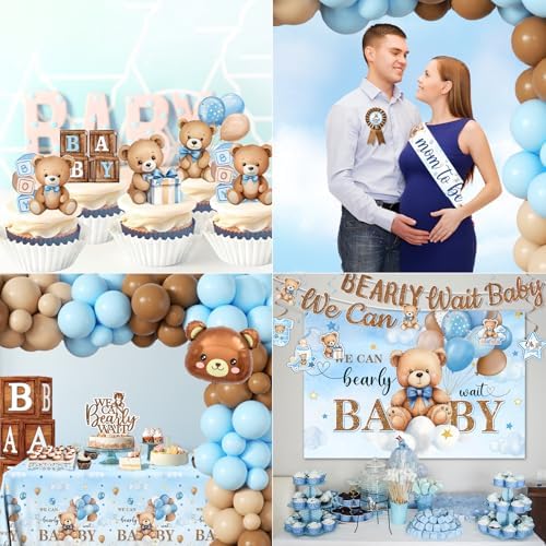 Blue Bear Baby Shower Decorations for Boy, All-in-1 Bear Party Decorations with Balloon Arch Kit Wood Grain Baby Boxes Plates Napkins Cake Toppers Tablecloth Backdrop Blue and Brown Baby Shower Decor - Image 6