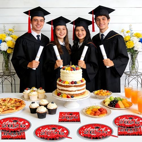 75 Pcs Graduation Plates and Napkins Party Supplies Set,Serves 25 Guests 2026 Red Graduation Plates and Napkins,Disposable Paper Tableware Set for Graduation Party Decorations - Image 6