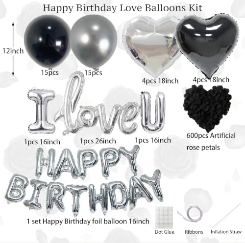 Black Silver Birthday Decorations for Men, Hotel Birthday Decorations for Him with LOVE Balloon, Happy Birthday Balloons, Black Rose Petals, Birthday Room Decor Anniversary Decor - Image 2
