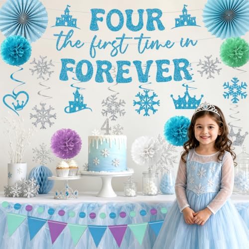 Four the First Time in Forever Birthday Decoration, 20PCS Frozen 4th Banners with Hanging Swirls Party Decorations, Princess 4 Years Old Paper Fans Poms and Pennant Banners Decor Supplies - Image 6