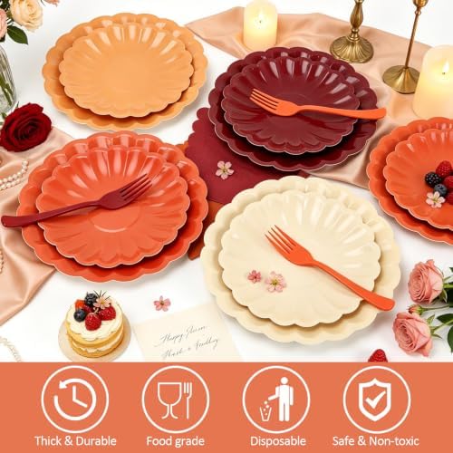 128Pcs Orange and Burgundy Plates and Napkins Party Supplies,Yellow Fall Color Disposable 7&9" Scalloped Paper Plates Napkins Forks Tableware for Fall Wedding,Birthday,Bridal Shower,Thanksgiving - Image 4