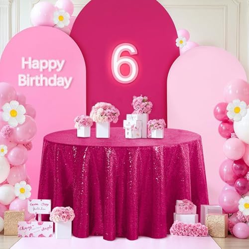 Pufogu 50" Round Fuchsia Sequin Tablecloth Glitter Fuchsia Table Cloths for Birthday Wedding Bridal Baby Shower Party Decorations - Image 5