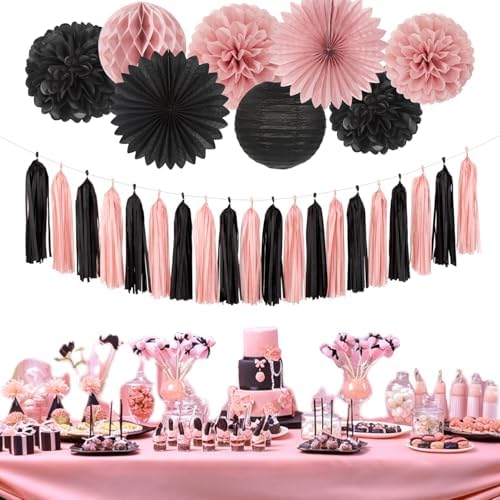Blush-Pink Black Happy-Birthday Banner Party-Decorations - 31pcs 14th 40th Rose Gold Women Girls Paper Lanterns Streamers,Tissue Paper Flowers Pom Poms Fans Tassel Garland Sign Decor Backdrop Hugmoon - Image 5